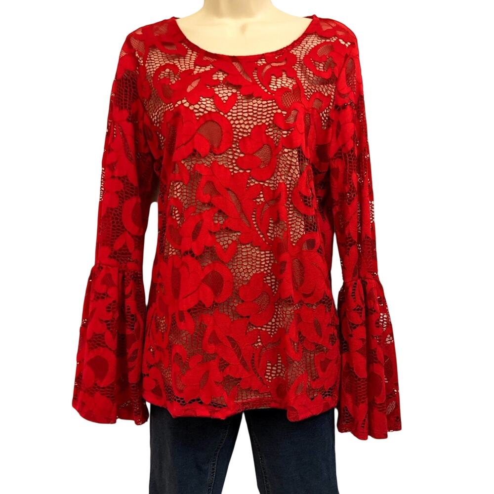 INC International Concepts Red Lace Nude Lined Top Bell Sleeves Scoop Neckline